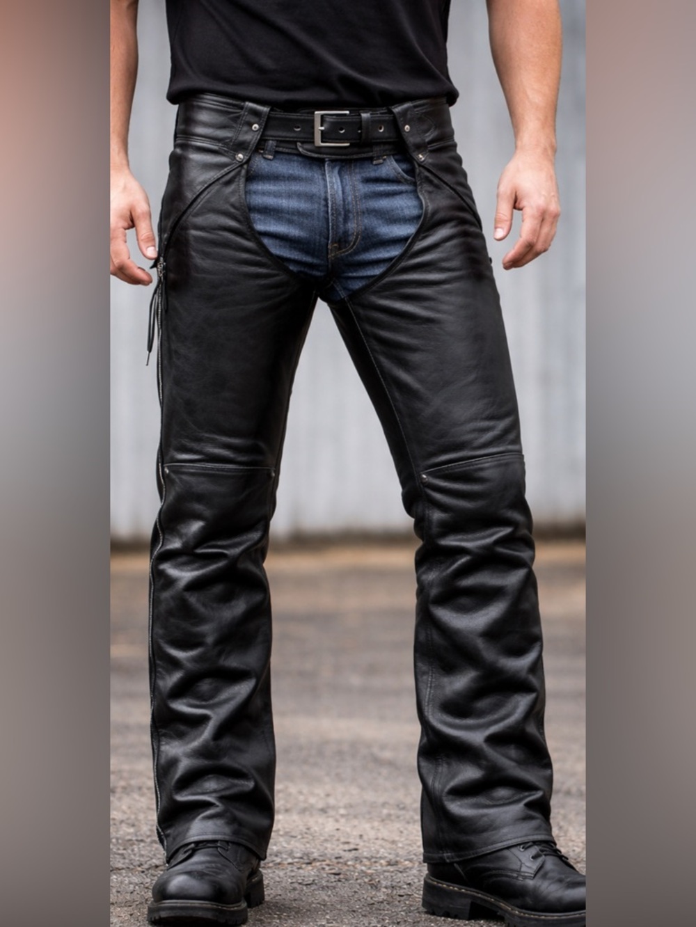 FMC Leather Motorcycle Chaps Black Biker Riding Pants Zip Lace Adjustable